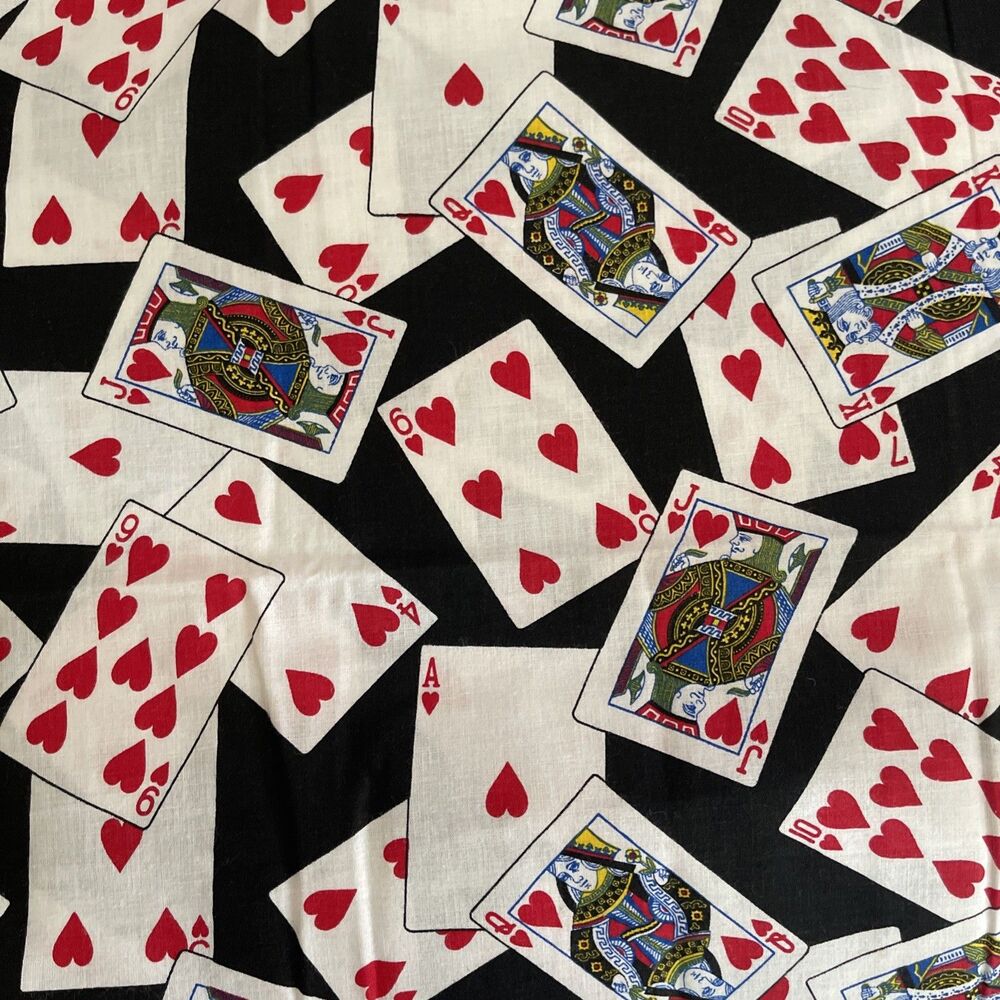 VTG Fabric Playing Cards Hearts Black COTTON Cloth Sewing 68”x44”